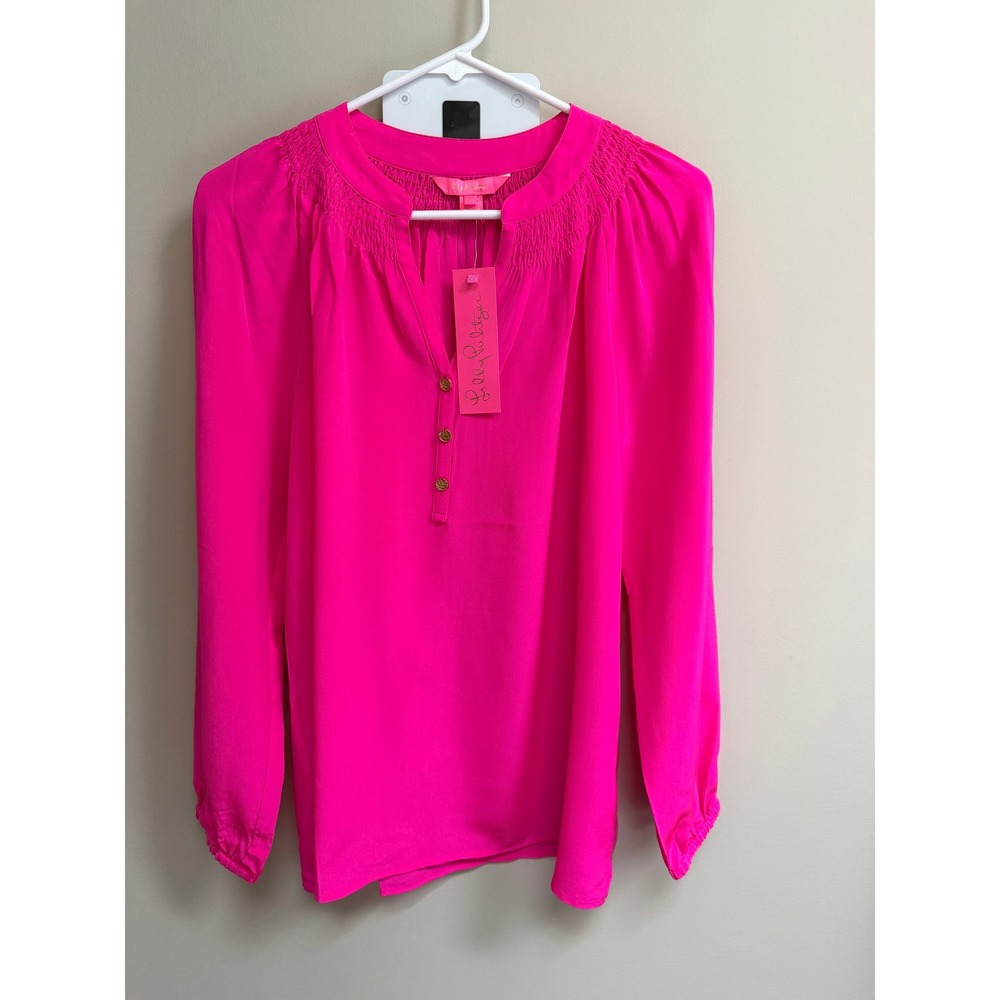 NWT Lilly Pulitzer Elsa Top 100%Silk Pink Silk Smocked Blouse Womens S ret$178 - Picture 2 of 7